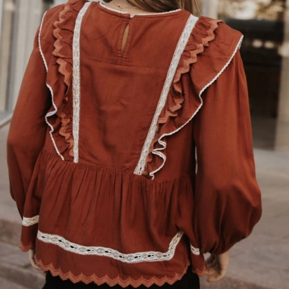 Boho Rust Ruffle and Lace Blouse - Picture 4 of 7
